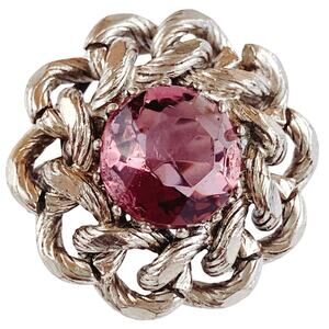 Vintage Mid Century Silver Tone Purple Glass Domed Rope Brooch 1950s 1960s